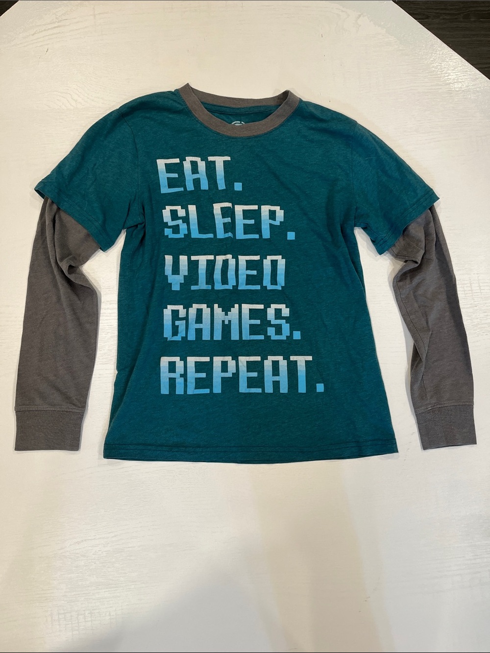 Kids Teal Long Sleeve Layered-Look Tee - Eat Sleep Video Games Repeat